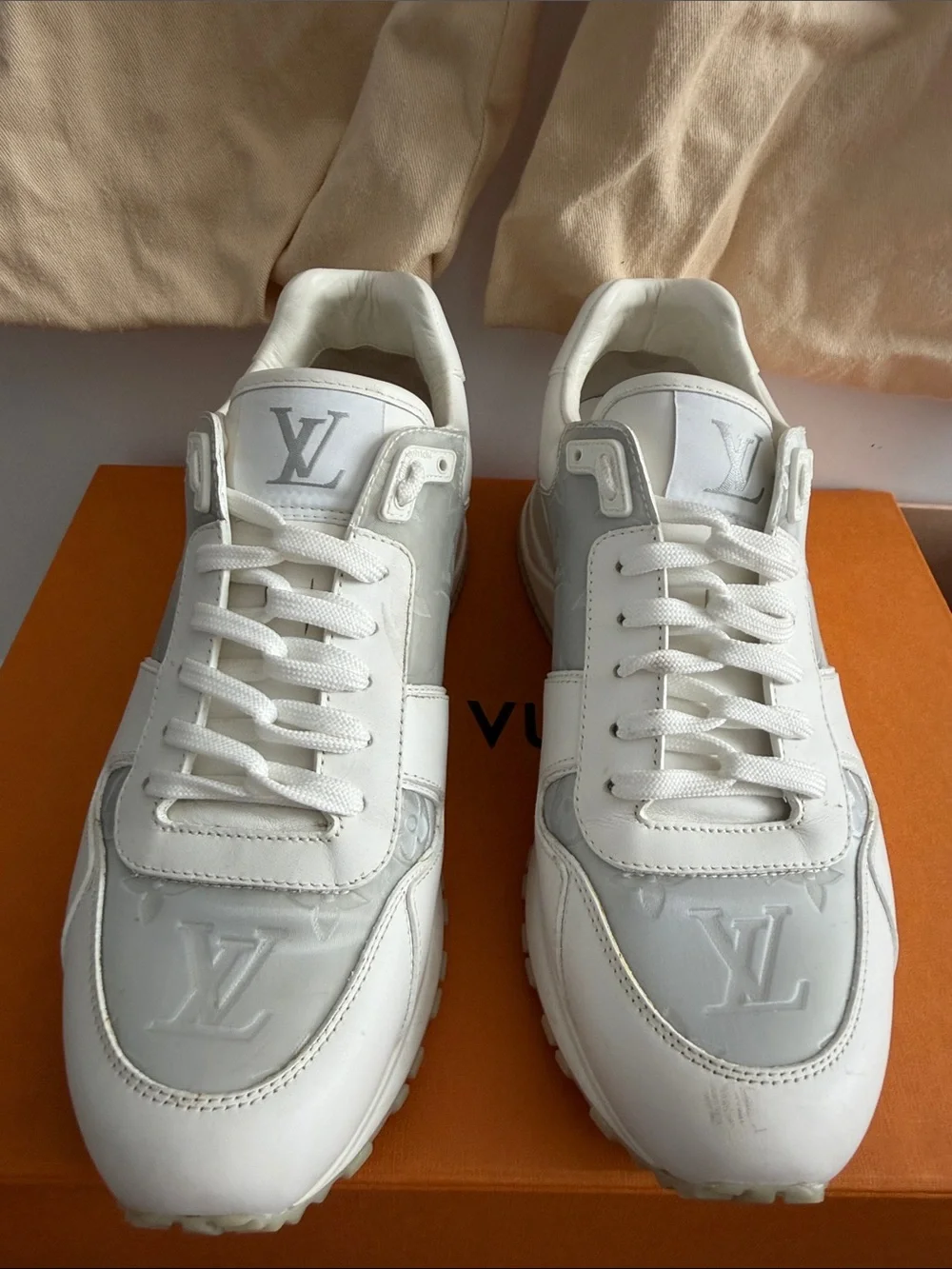 Louis Vuitton Men’s White and Light Gray LV Run Away Sneakers LV women’s 9